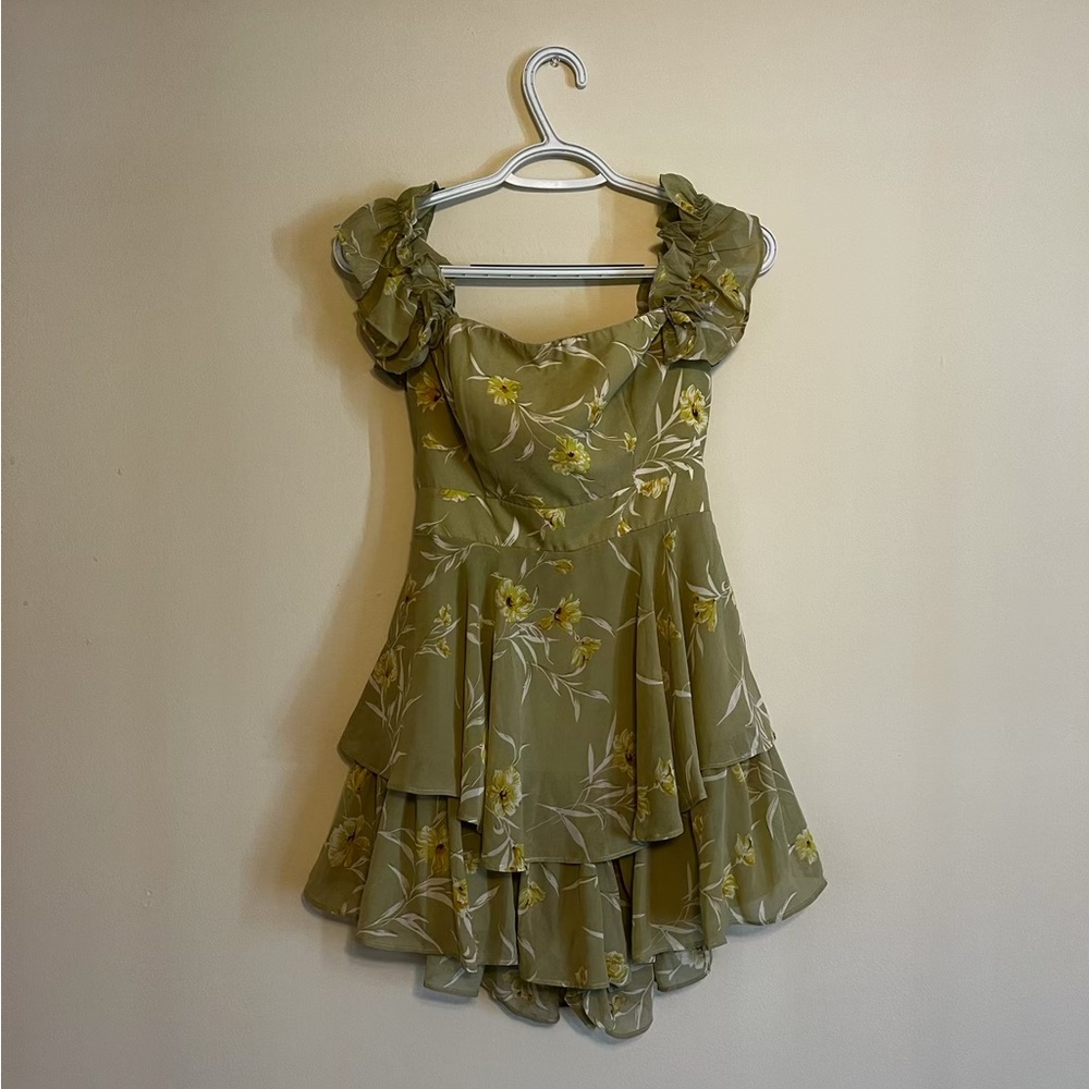 Chic Olive Floral Ruffle Dress
